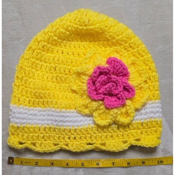 Vtg Crochet Handmade Flower Hat Beanie Women's OS Yellow White‎ Knit NEW - Picture 5 of 5